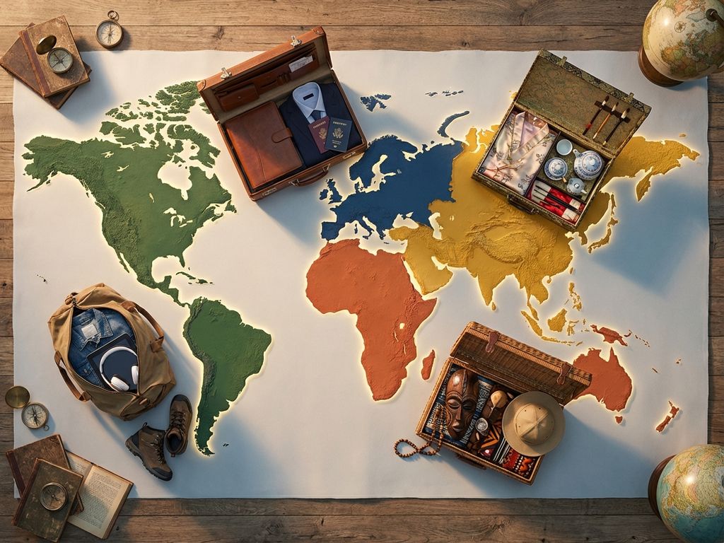 Weltkarte mit farbkodierten Kontinenten und geöffneten Koffern voller regionsspezifischer Reiseutensilien