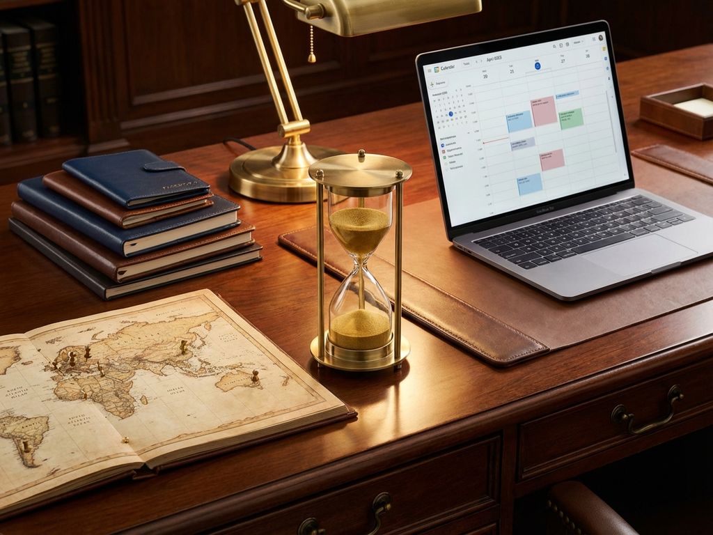 Elegante Sanduhr mit goldenem Sand auf Holzschreibtisch, umgeben von internationalen Dokumenten und Laptop mit Kalender