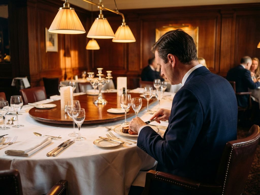 Geschäftsmann in elegantem britischen Restaurant beim formellen Dinner mit traditioneller Tischetikette und Besteck