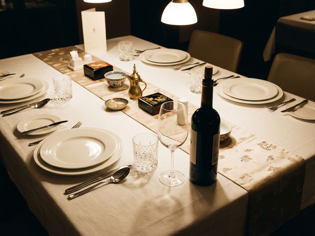 Elegante Geschäftsessen-Tafel mit weißen Tellern, Kristallgläsern, ungeöffneter Weinflasche und kulturellen Artefakten