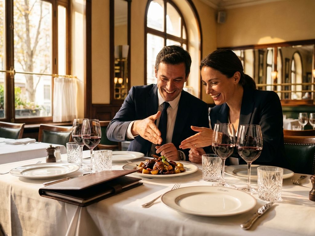 Zwei Geschäftsleute beim französischen Business-Lunch mit Rotwein und Coq au Vin in elegantem Restaurant