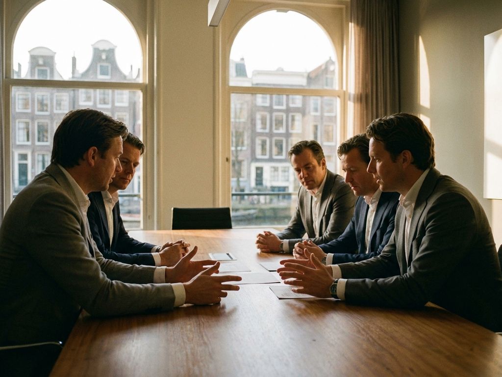 Führungskräfte diskutieren kollaborativ am Holzkonferenztisch in modernem niederländischen Boardroom mit Tageslicht