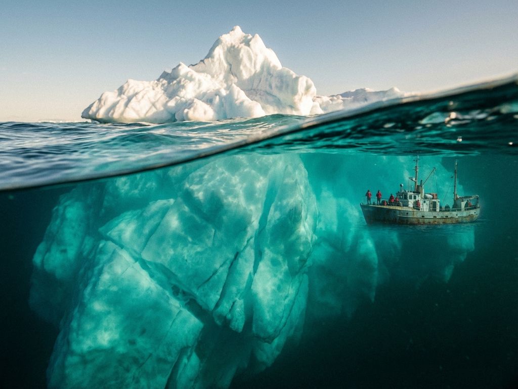 Massiver Eisberg in klaren arktischen Gewässern mit sichtbarem weißen Gipfel und blau-grüner Unterwassermasse