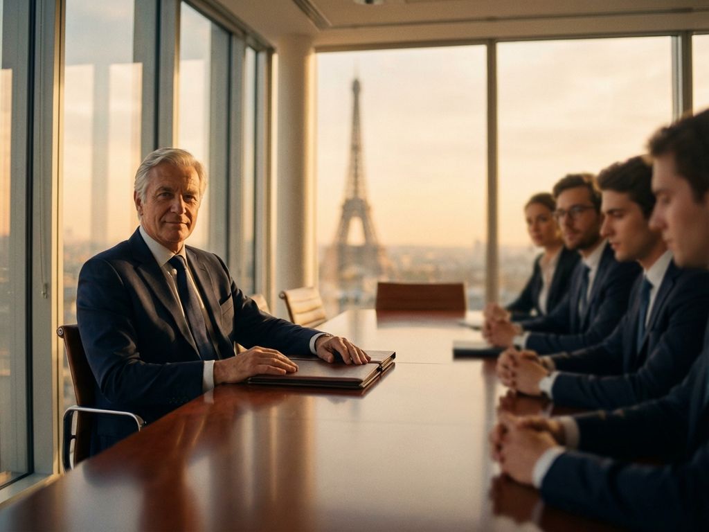 Französischer Geschäftsführer im Anzug am Konferenztisch mit Kollegen, Pariser Büro mit Eiffelturm im Hintergrund
