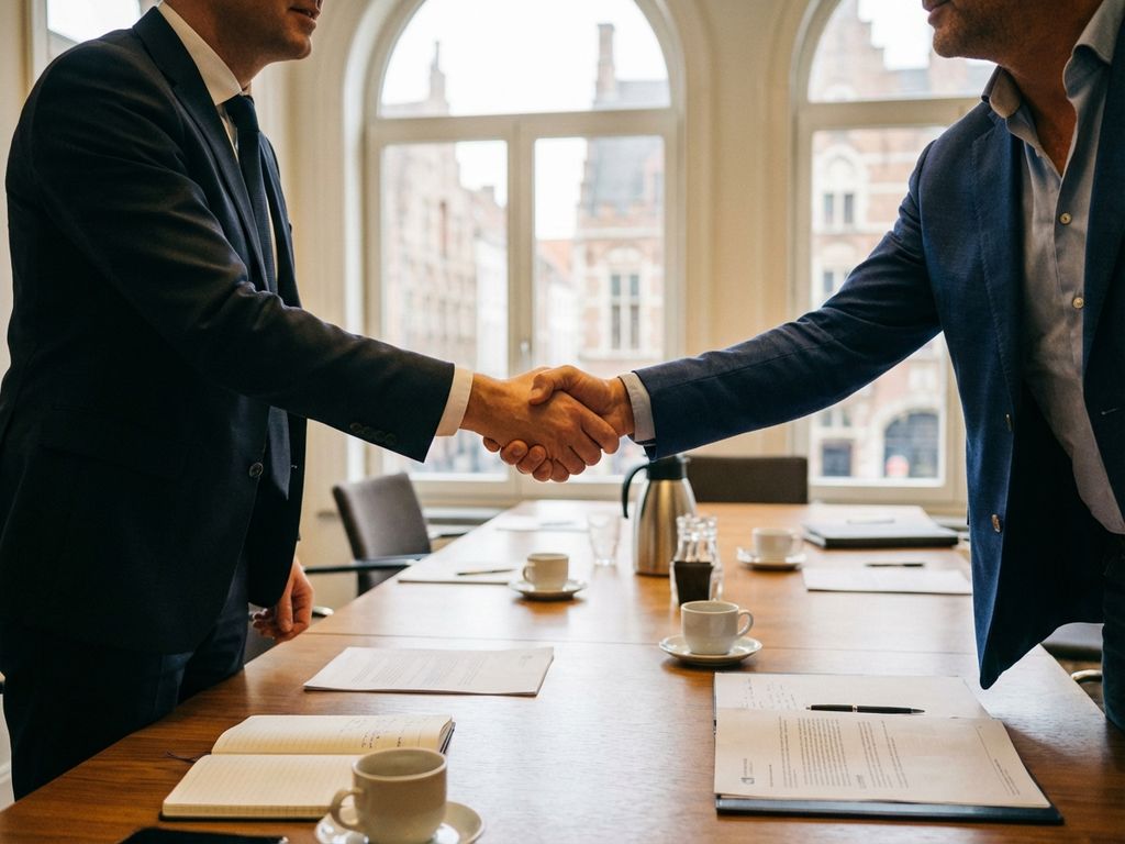 Professioneller Handschlag zwischen Geschäftsleuten am Konferenztisch mit Dokumenten und europäischer Architektur im Hintergrund