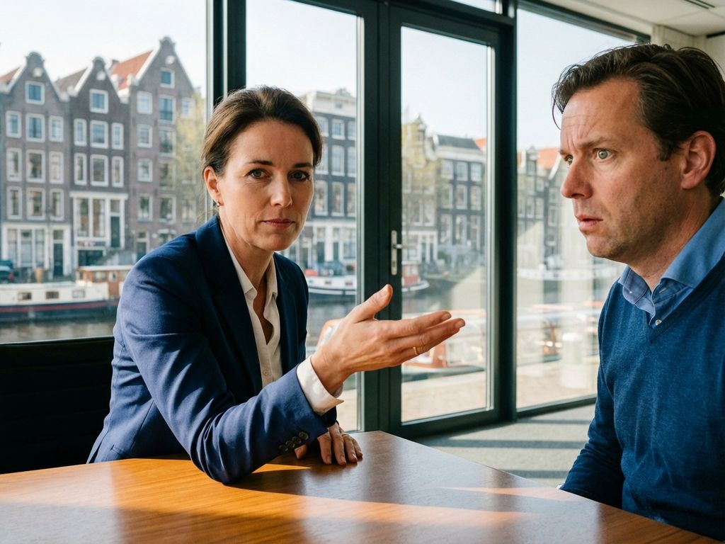 Selbstbewusste niederländische Geschäftsfrau gestikuliert während Gespräch mit überraschtem Kollegen im Amsterdamer Büro