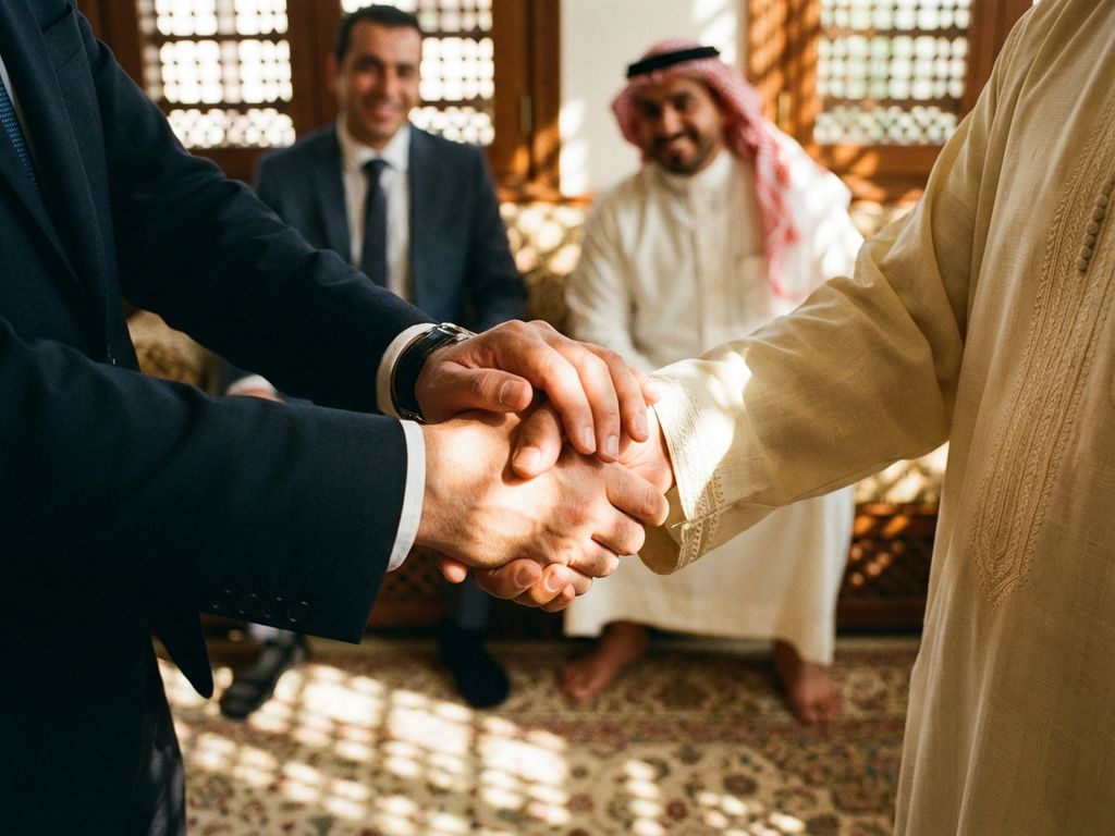 Handschlag zwischen Geschäftsleuten in arabischer Kleidung und westlichen Anzügen in elegantem Majlis mit Sonnenlicht
