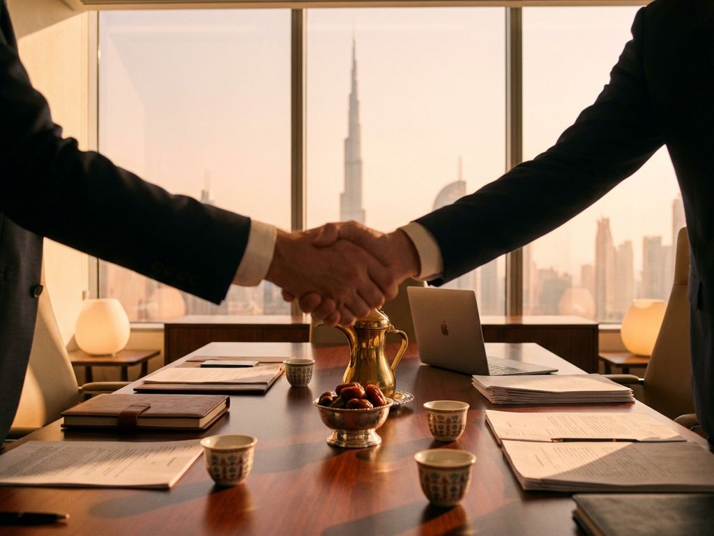 Geschäftsleute beim Händeschütteln am Konferenztisch mit Laptop und Verträgen, Burj Khalifa im Hintergrund, Dubai