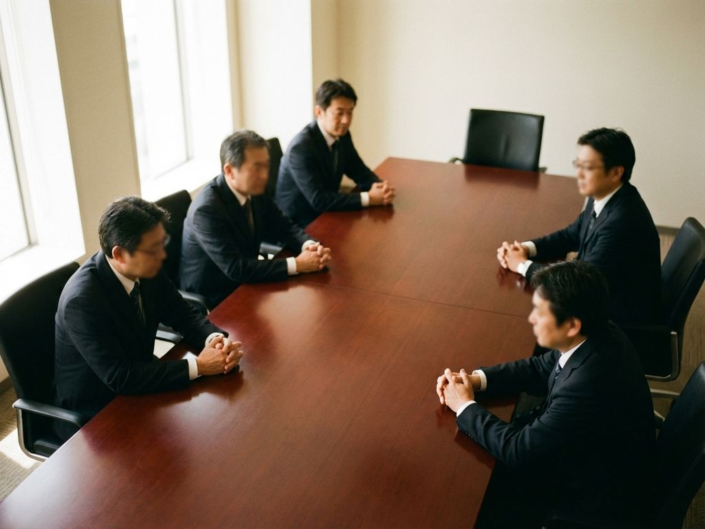 Fünf japanische Geschäftsleute in Anzügen sitzen nachdenklich um einen Mahagoni-Konferenztisch, ein leerer Stuhl am Kopfende