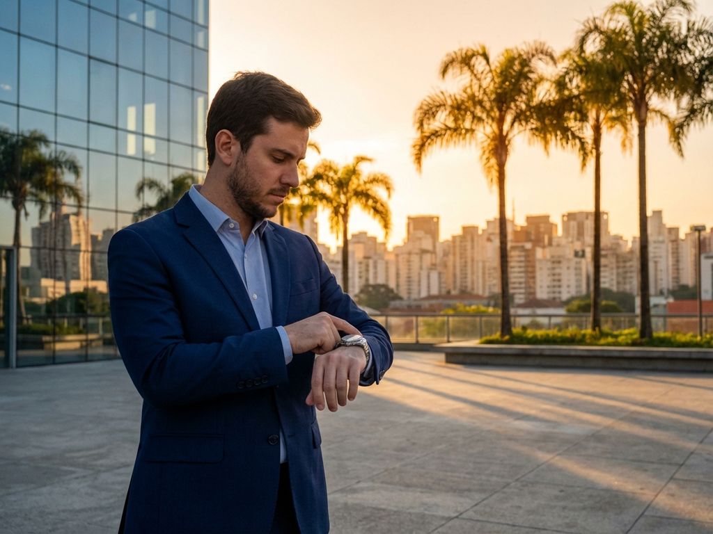 Geschäftsmann im Anzug prüft Armbanduhr vor Glasbürogebäude in São Paulo bei goldenem Sonnenlicht
