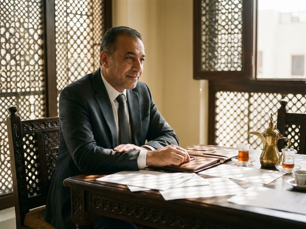 Geschäftsmann im Anzug wartet bei arabischem Kaffee-Service mit Messingkanne und Dokumenten am Holztisch