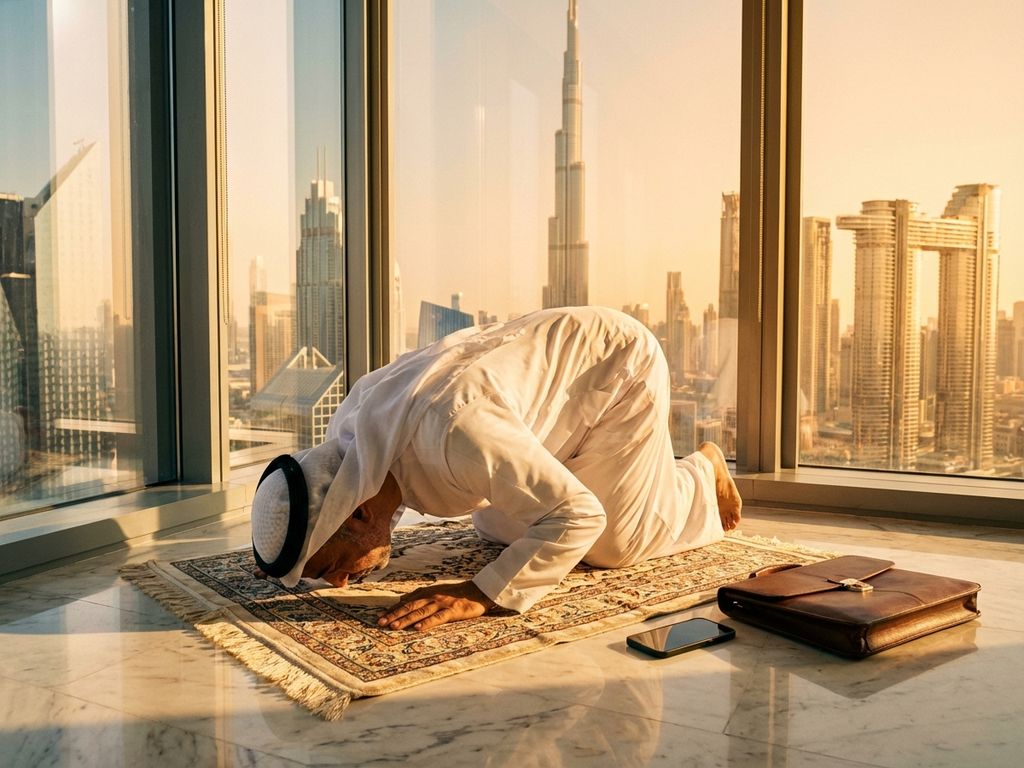 Geschäftsmann in traditioneller Kleidung beim Gebet in modernem Büro mit Dubai-Skyline im Hintergrund