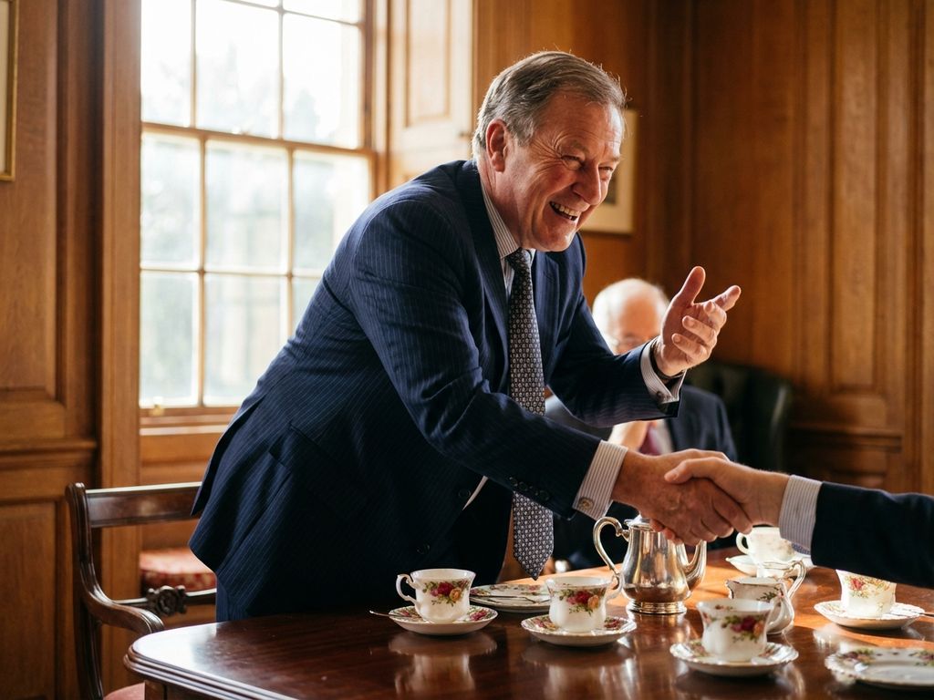 Britischer Geschäftsmann im Anzug beim Handschlag über Afternoon Tea mit Porzellan auf Mahagonitisch
