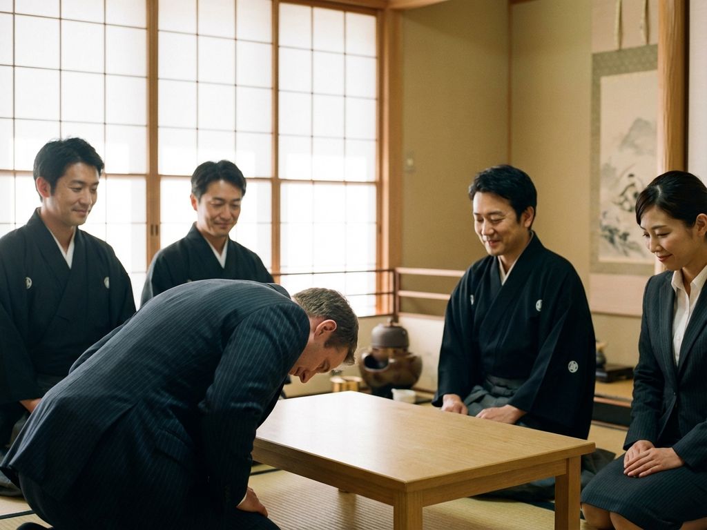 Deutscher Geschäftsmann verneigt sich unbeholfen vor japanischen Kollegen in traditionellem Tatami-Raum mit Shoji-Wänden