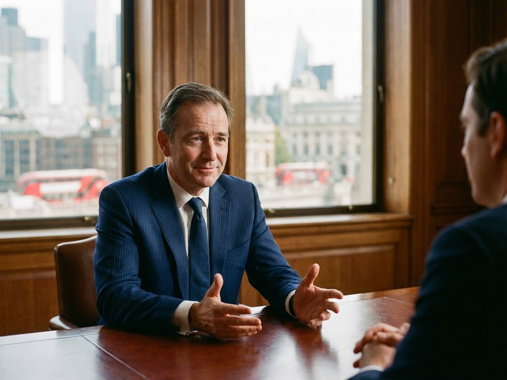 Britischer Geschäftsmann im Anzug gestikuliert während Kundengespräch am Konferenztisch in elegantem Londoner Büro