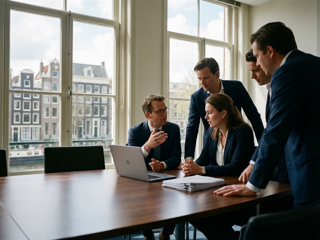 Geschäftsleute in Anzügen bei professionellem Meeting am Konferenztisch mit Amsterdam Grachten im Hintergrund