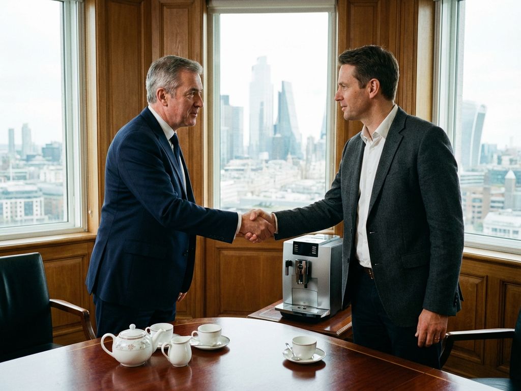 Zwei Geschäftsleute geben sich die Hand über Konferenztisch in Londoner Büro mit Teeservice und Kaffeemaschine