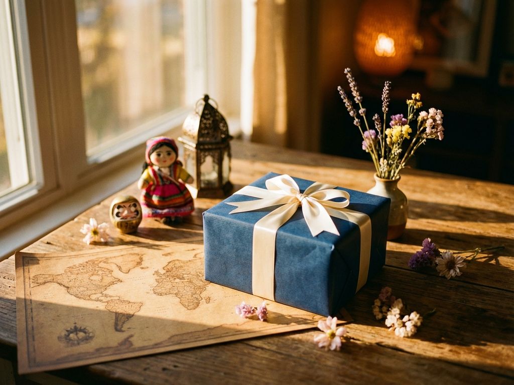 Elegant verpackte Geschenkbox mit Band auf Holztisch, umgeben von internationalen Kulturobjekten und Weltkarte