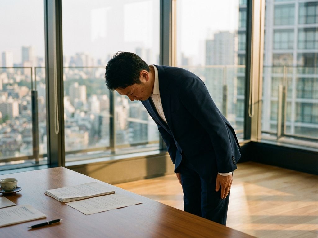 Japanischer Geschäftsmann in dunkelblauem Anzug verbeugt sich respektvoll in modernem Tokioter Büro mit Stadtblick