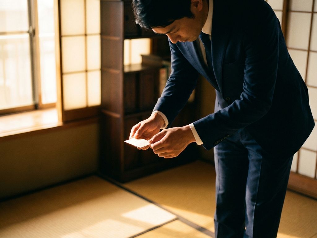Japanischer Geschäftsmann in dunkelblauem Anzug überreicht mit Verbeugung Visitenkarte in traditionellem Büro