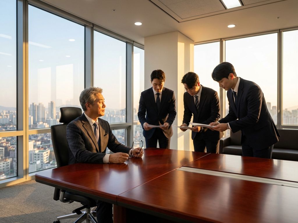 Koreanischer Geschäftsmann im Anzug am Konferenztisch mit jüngeren Kollegen in modernem Seoul-Büro