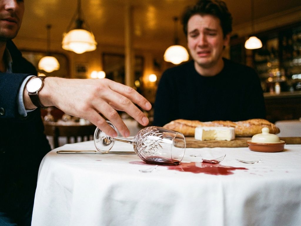 Hand stößt Weinglas um, Rotwein verschüttet auf weißer Tischdecke in Pariser Bistro mit Brot und Käse