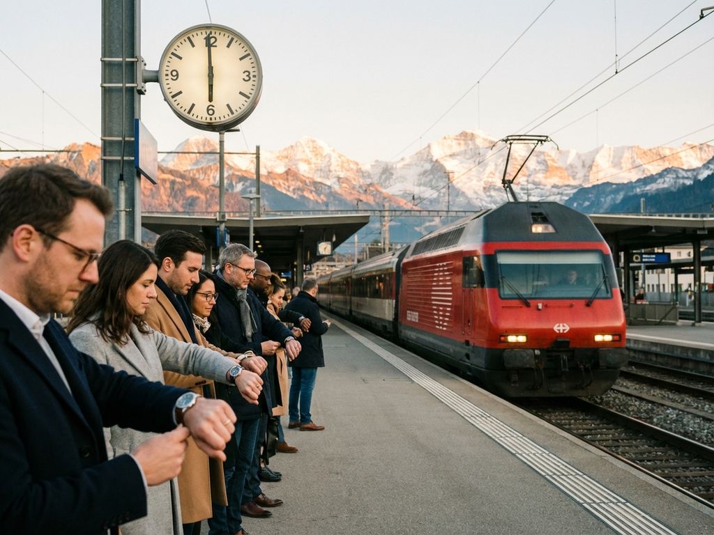 Roter Schweizer Zug erreicht pünktlich Bahnsteig, Passagiere prüfen Uhren vor Alpenkulisse bei goldenem Licht