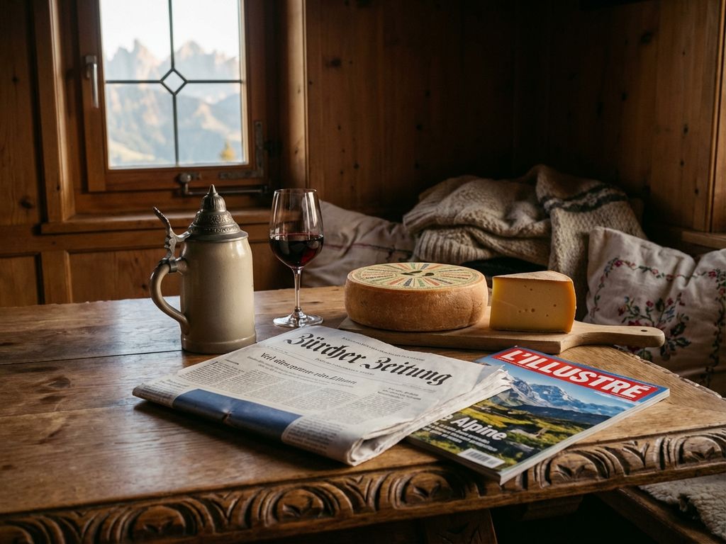 Schweizer Chalet-Tisch mit Bier, Wein, Appenzeller und Gruyère-Käse, deutsch-französische Zeitungen, Alpenblick im Morgenlicht