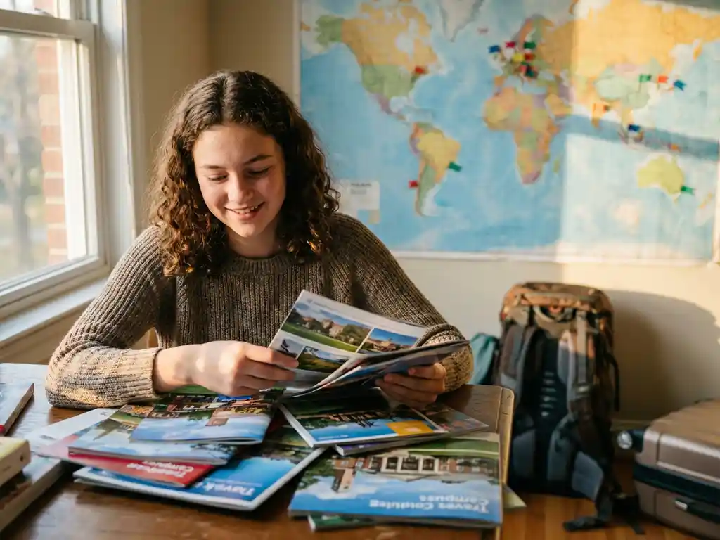 Teenager am Holzschreibtisch mit bunten internationalen Schulbroschüren, Weltkarte mit Fähnchen an der Wand, gepackter Koffer im Hintergrund