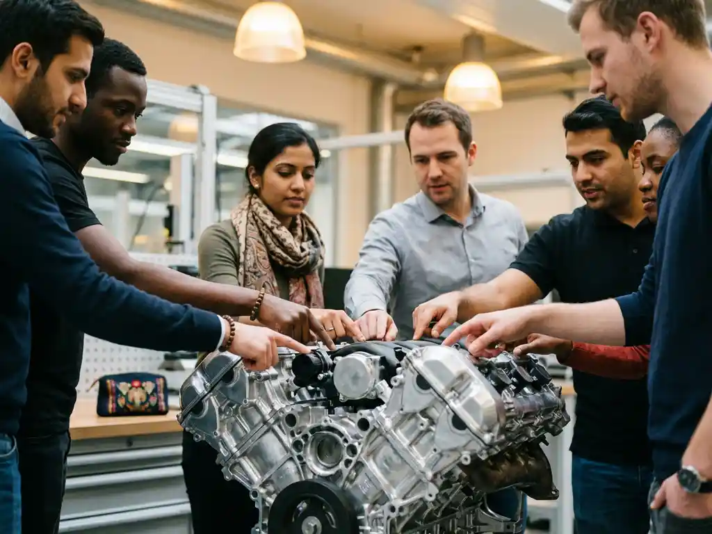 Diverse Automobilingenieure verschiedener Kulturen arbeiten gemeinsam an luxuriösem deutschen Automotor in moderner Stuttgarter Fertigungsanlage