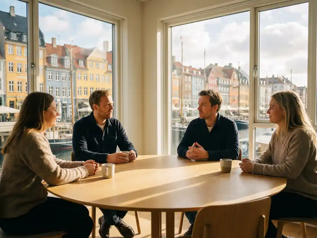 Dänisches Büro-Meeting mit Kollegen um runden Holztisch, Kopenhagener Hafenhäuser durch große Fenster sichtbar, warmes nordisches Licht