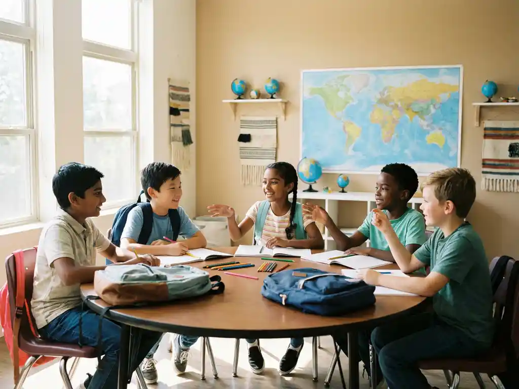 Diverse Kinder verschiedener Ethnien arbeiten gemeinsam an einem runden Tisch in einem hellen, modernen Klassenzimmer mit Weltkarten und kulturellen Artefakten an den Wänden
