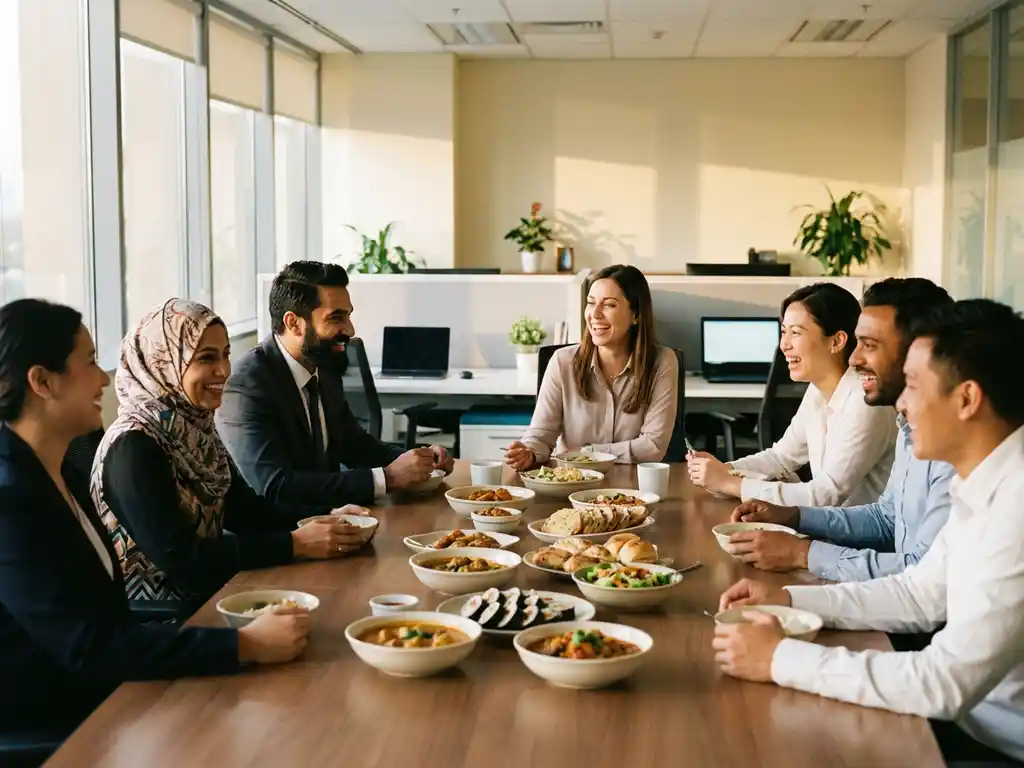 Diverse Fachkräfte aus verschiedenen Kulturen teilen traditionelle Speisen am Holzkonferenztisch in deutschem Büro