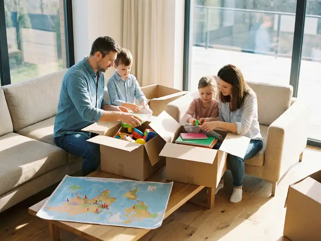 Familie von vier Personen packt bunte Kinderspielzeug und Schulsachen in Umzugskartons, Weltkarte mit roten Stecknadeln auf Couchtisch