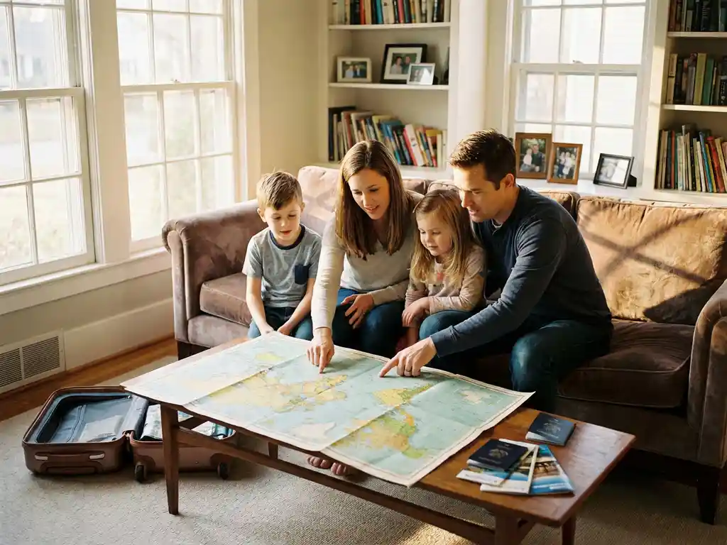 Familie mit zwei Kindern betrachtet Weltkarte am Couchtisch, Koffer und Reisedokumente daneben, warmes Sonnenlicht im Wohnzimmer