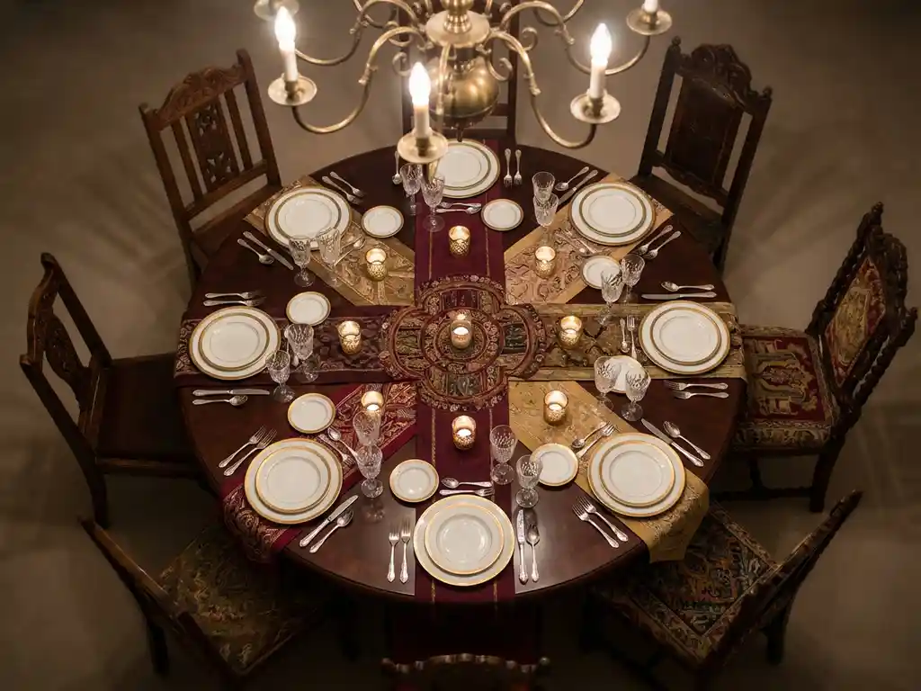 Elegant gedeckter Mahagoni-Esstisch von oben mit feinem Porzellan, Kristallgläsern und Kerzenbeleuchtung