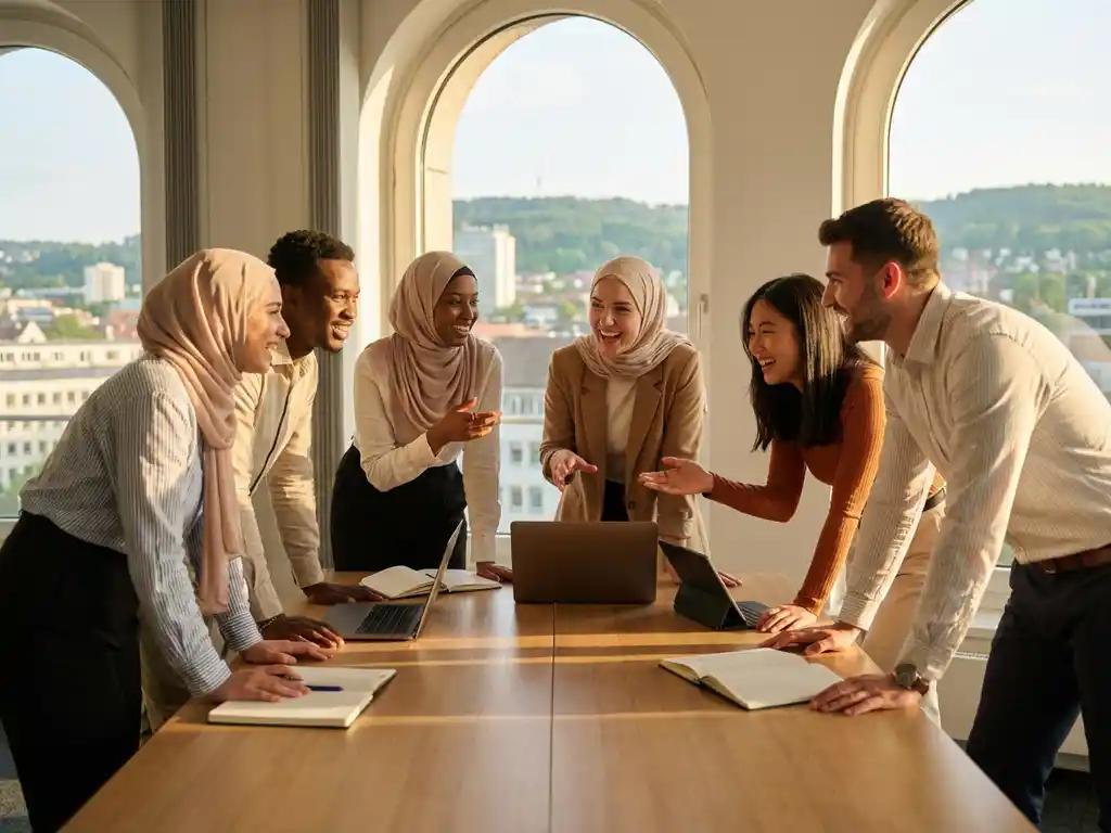 Diverse junge Fachkräfte diskutieren mit Laptops und Tablets am Konferenztisch in hellem Stuttgarter Büro