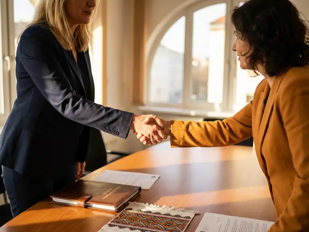 Deutsche Geschäftsfrau und osteuropäischer Kollege bei professionellem Händedruck über Konferenztisch mit warmen Bürolicht