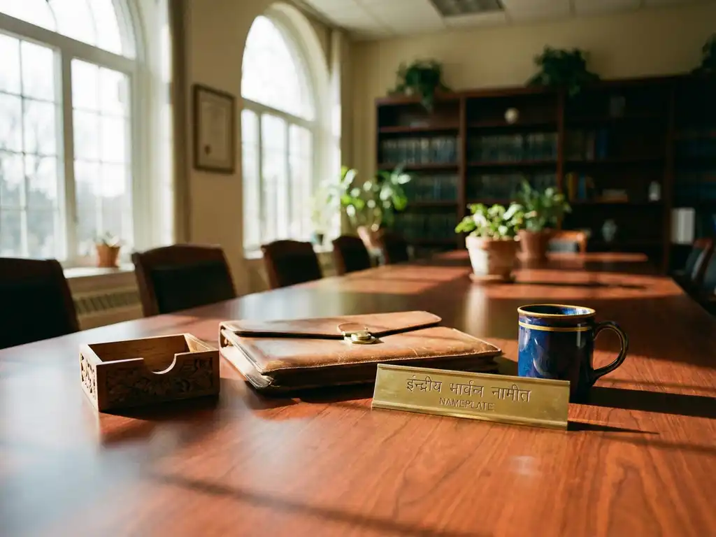 Holzkonferenztisch mit traditionellen Geschäftsartikeln verschiedener Kulturen - japanischer Visitenkartenhalter, deutsches Lederportfolio, indisches Messingnamensschild und amerikanische Kaffeetasse