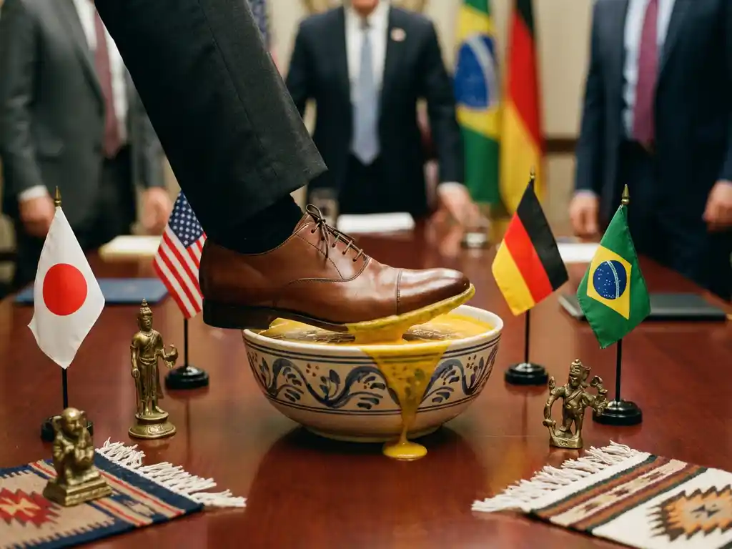 Geschäftsmann tritt mit poliertem Lederschuh in elegante Keramikschüssel mit Suppe auf Konferenztisch mit internationalen Flaggen