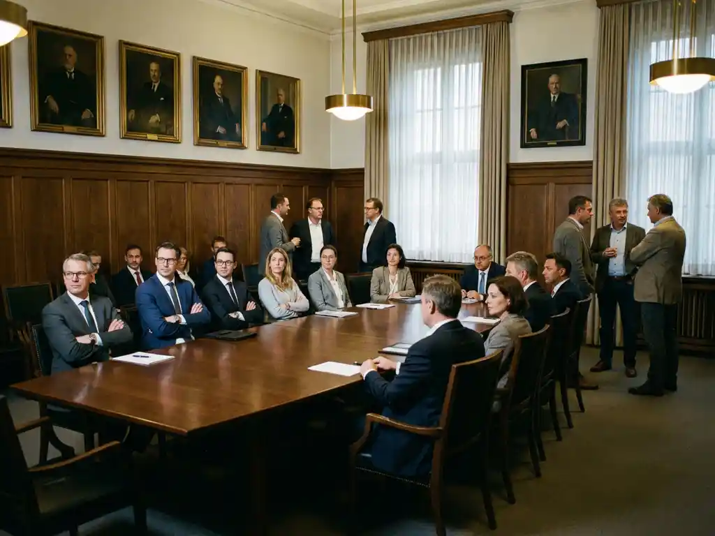 Internationale Geschäftsleute mit unterschiedlichen Kleidungsstilen sitzen um mahagonifarbenen Konferenztisch in traditionellem deutschen Büro mit dunklen Holzmöbeln