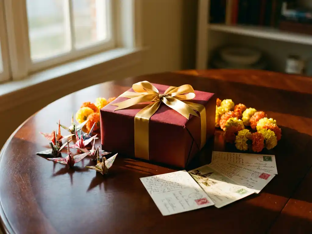 Elegante Geschenkbox mit Seidenband auf Holztisch, umgeben von Origami-Kranichen, Ringelblumen und Vintage-Postkarten