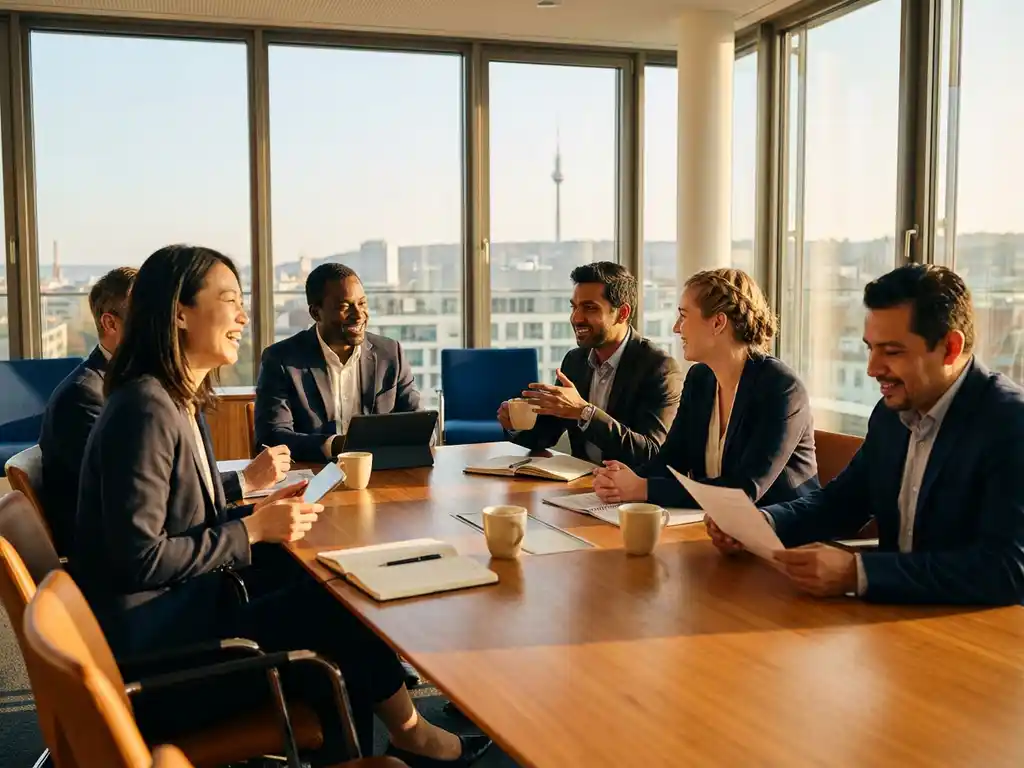 Diverse internationale Fachkräfte diskutieren lebhaft am Holzkonferenztisch in modernem Stuttgarter Büro mit warmen Goldlicht