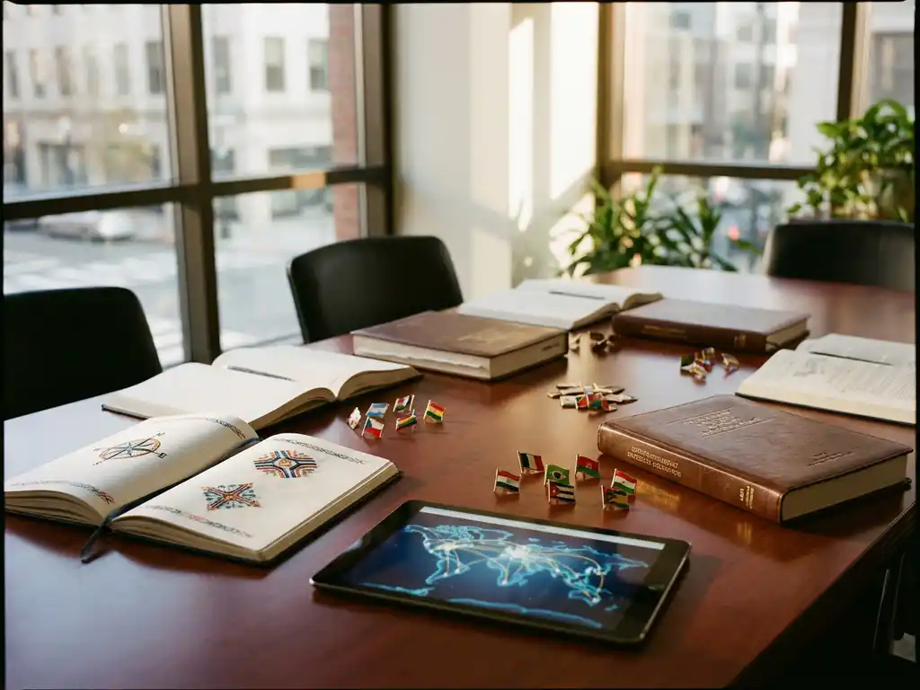 Professionelle Weiterbildungsmaterialien mit Notizbüchern, Tablet mit Weltkarte und Länderflaggen auf Holzkonferenztisch