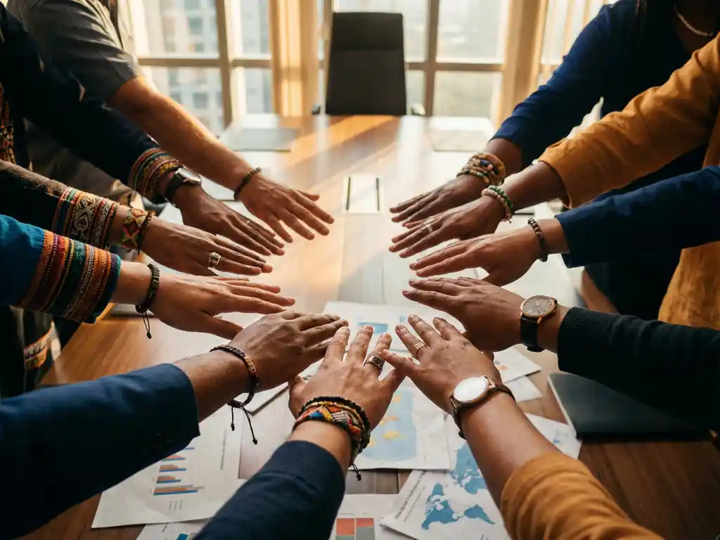 Diverse Hände mit traditionellen Armbändern und Ringen erreichen gemeinsam die Mitte eines Konferenztisches über internationalen Geschäftsdokumenten