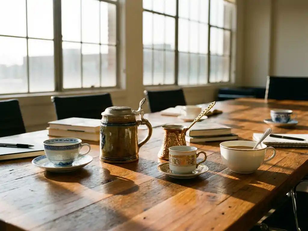 Traditionelle Kaffeetassen aus verschiedenen Kulturen auf Holzkonferenztisch im goldenen Morgenlicht