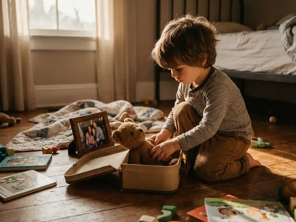 Kind packt Koffer mit Teddy und Familienfoto bei warmem Sonnenlicht im Kinderzimmer