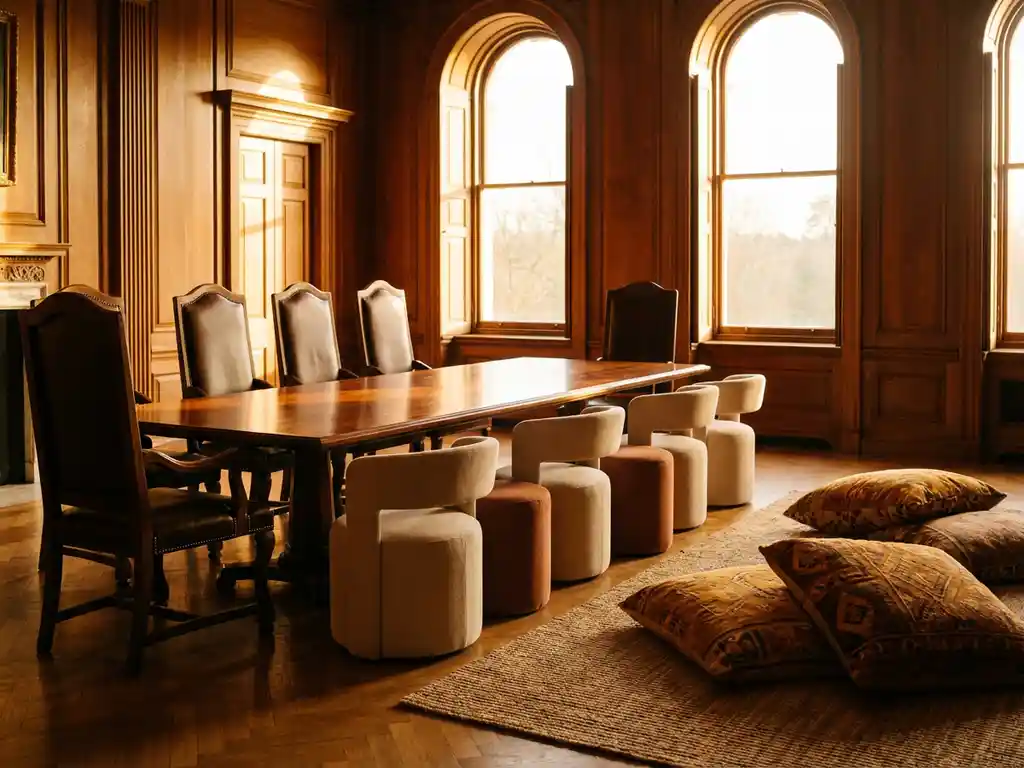 Mahagoni-Konferenztisch mit drei verschiedenen Sitzgruppen: formelle Stühle, moderne Sitze und Bodenkissen in goldenem Licht