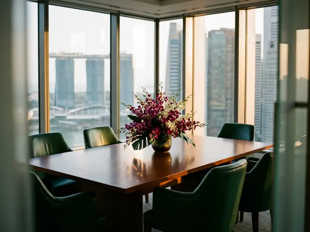 Moderner Konferenzraum mit Orchideen-Arrangement als Tischmitte, Ledersessel und Marina Bay Skyline-Blick bei goldenem Licht