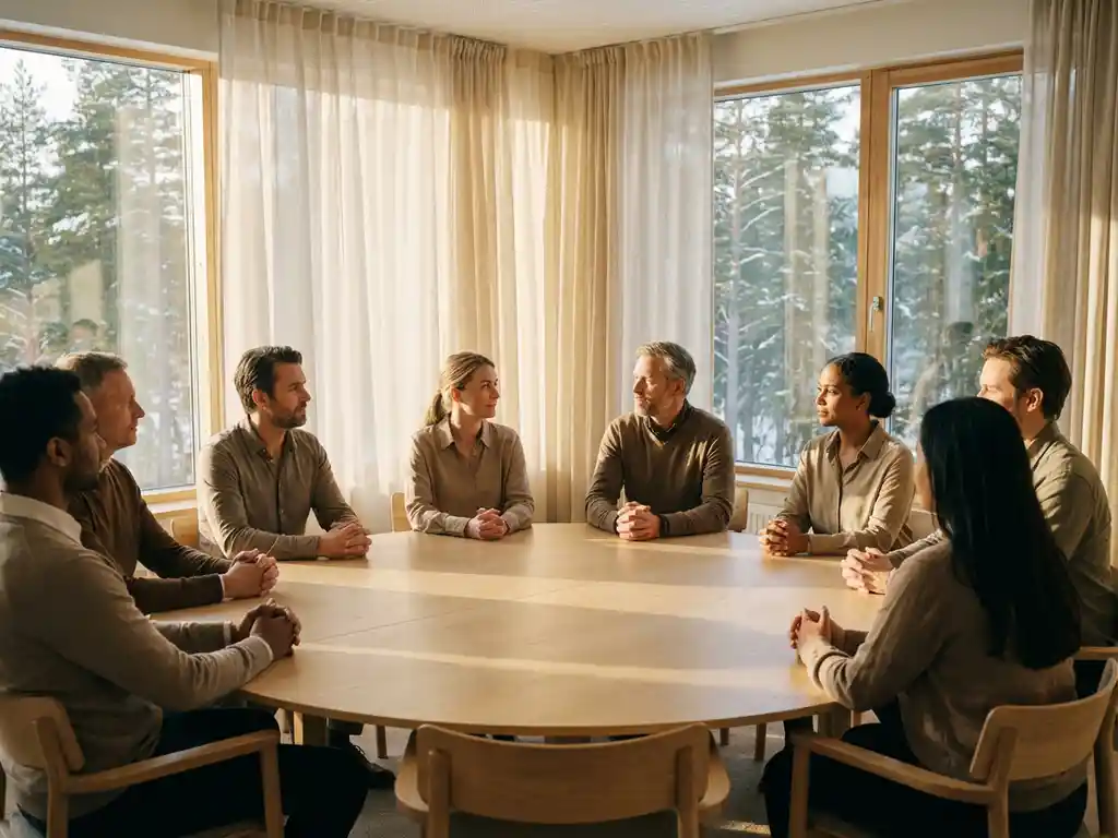Diverse Fachkräfte sitzen im Kreis um einen hellen Holztisch in einem schwedischen Konferenzraum mit verschneiten Kiefern vor den Fenstern